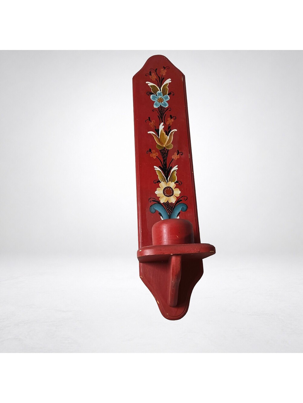 Tole Painted Wood Wall Candle Sconce, Red Floral Folk Art, Chippy, 20" Tall